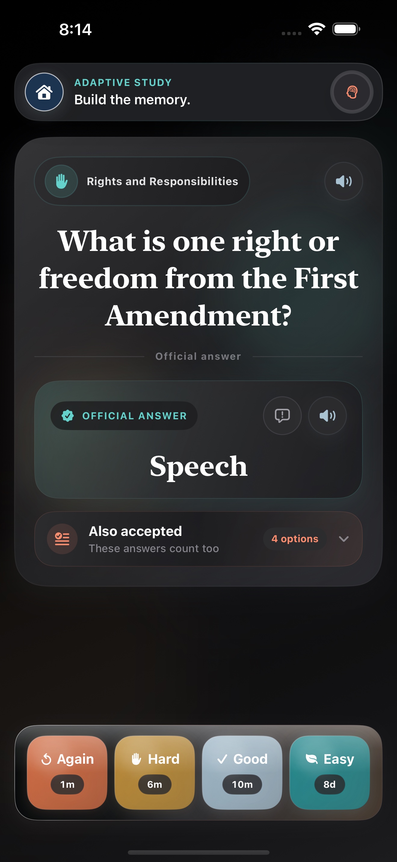 Civisay adaptive study question and memory rating controls in Dark Mode