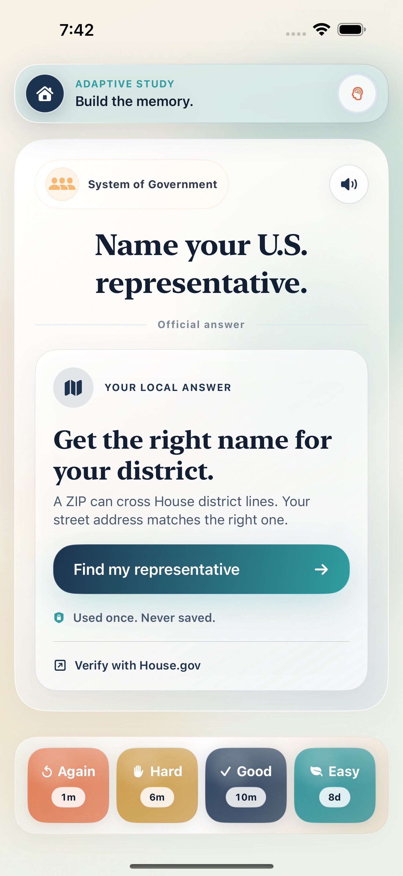 Civisay showing a resolved current U.S. representative answer