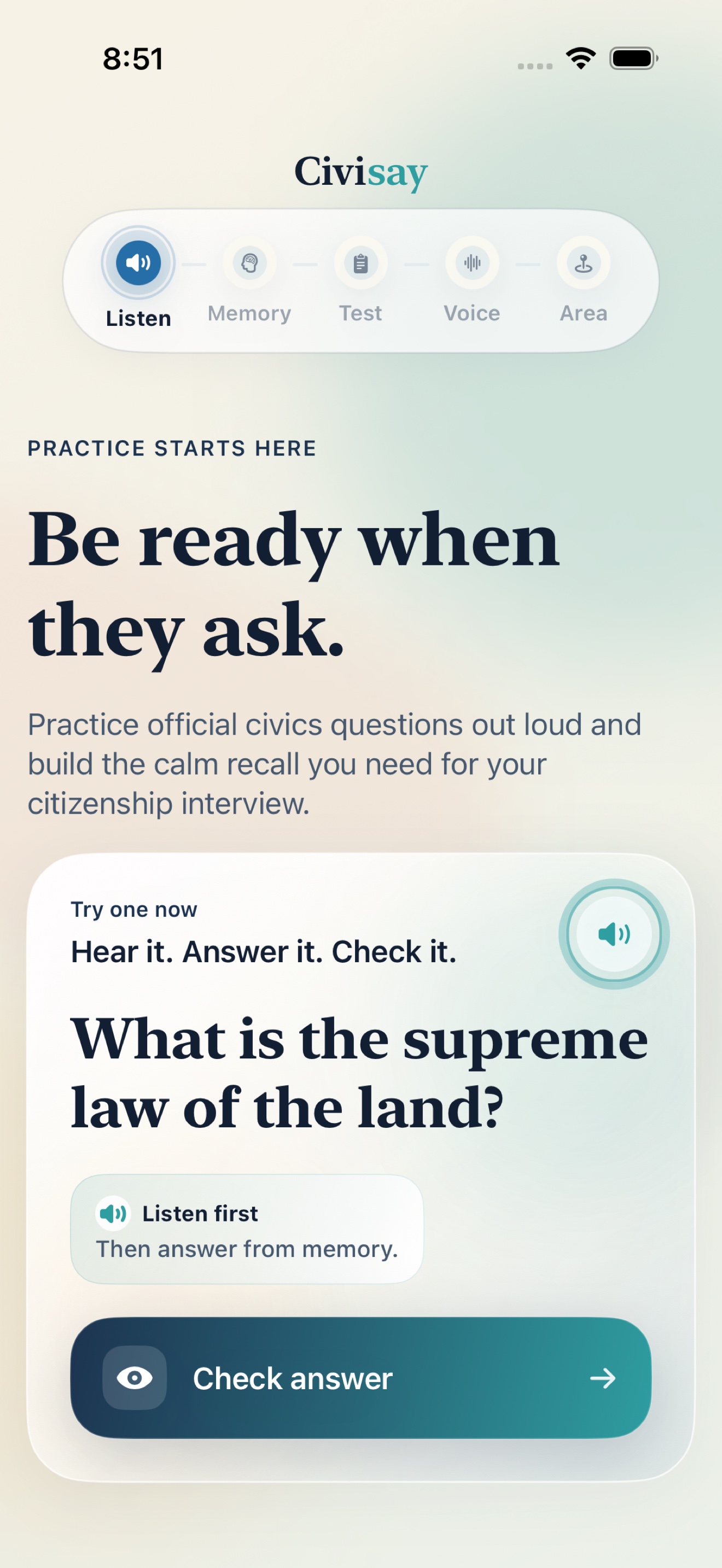 Civisay showing a spoken citizenship practice question