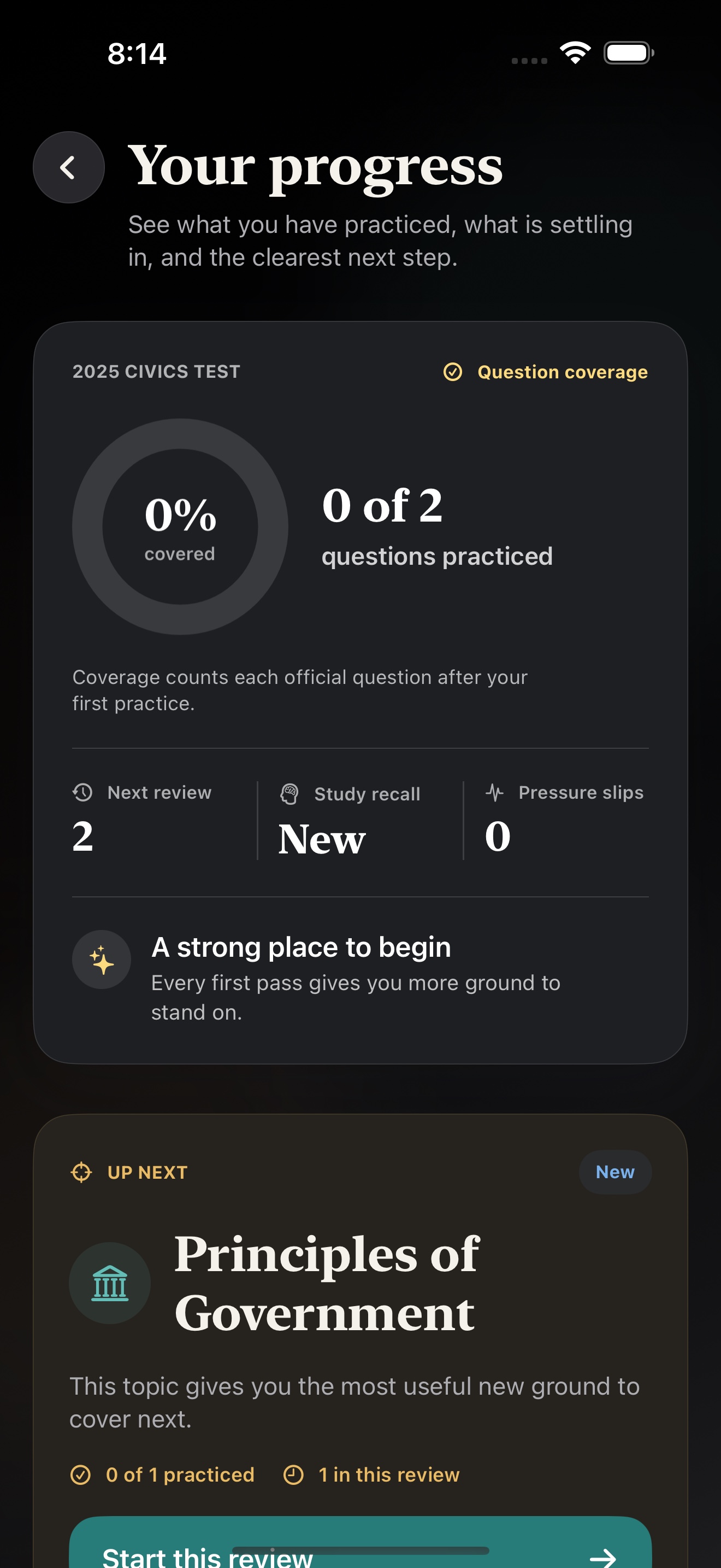 Civisay progress screen in Dark Mode showing coverage, recall, and the next review