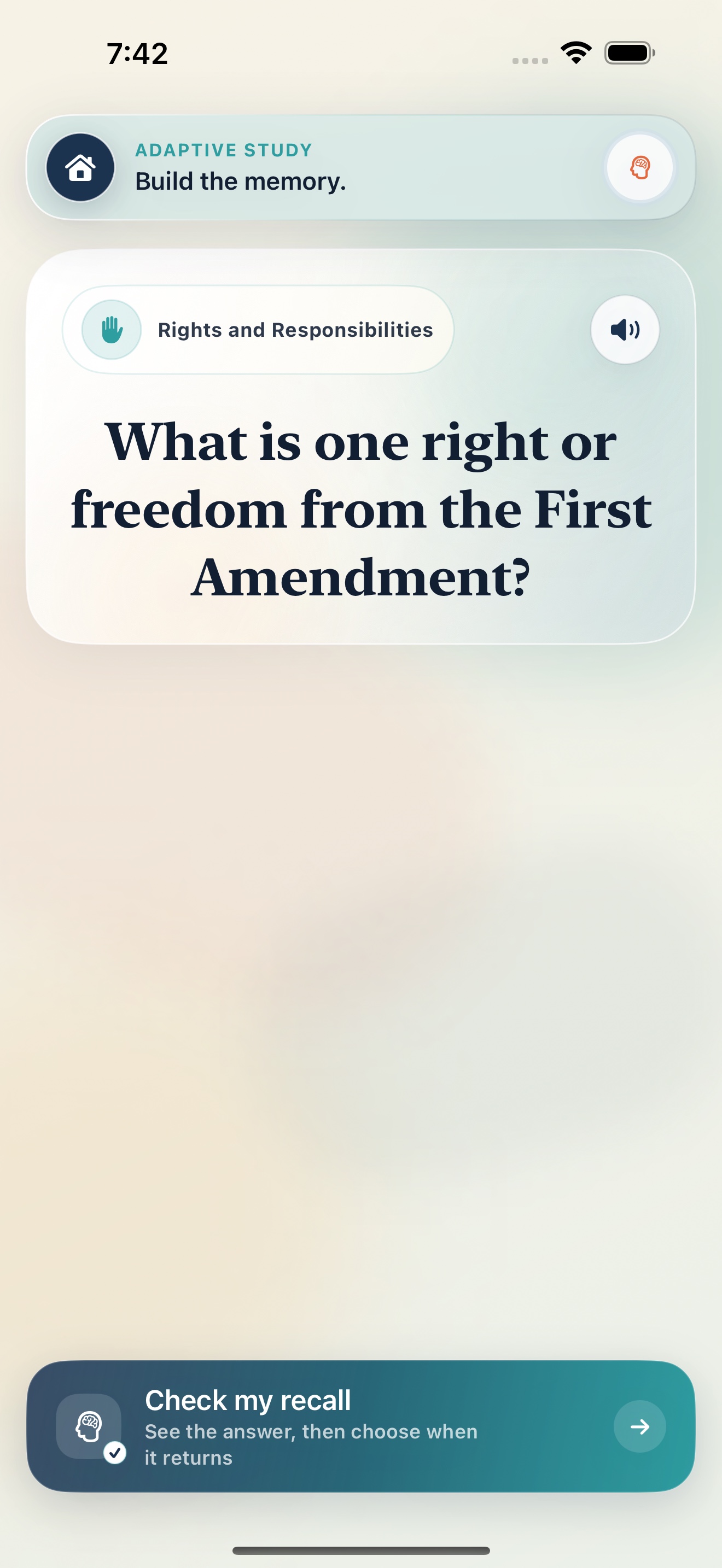 Civisay study session showing an official civics question and Reveal answer button